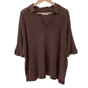 STANDARD CLOTH Men's Brown‎ Mesh V-Neck Oversized Polo Shirt L